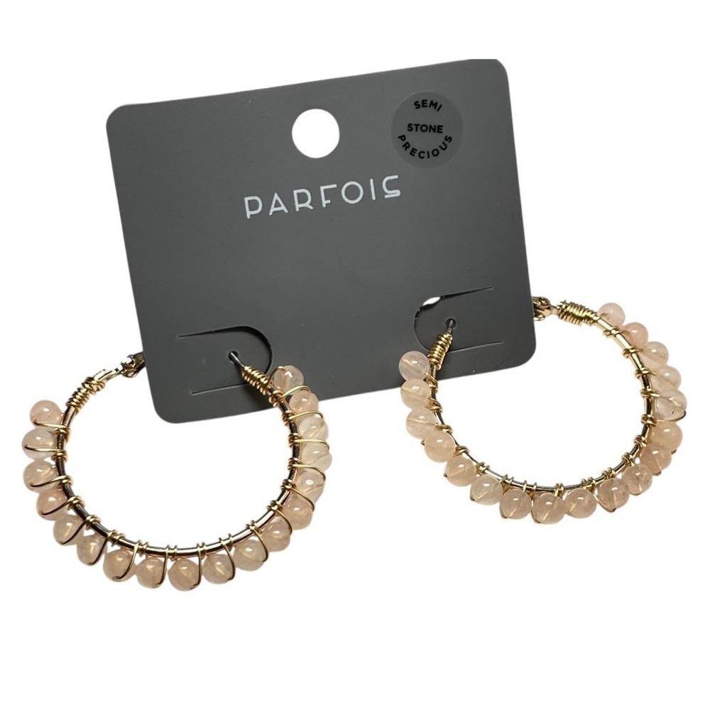 New Parfois Rose Quartz Stone Beaded Hoop Gold Earrings